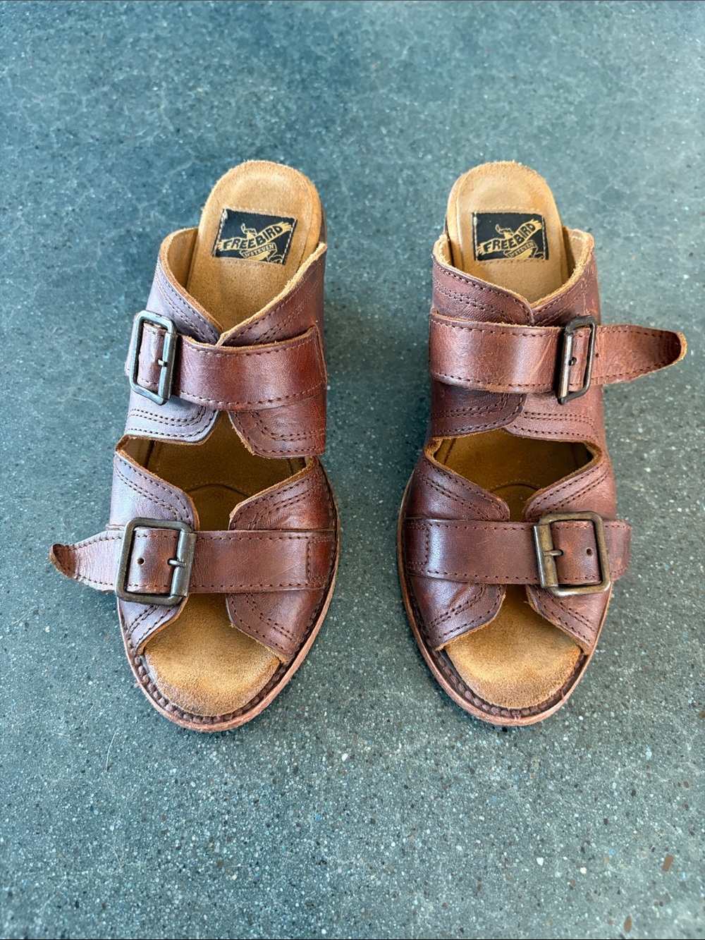 Freebird by Steven Caprice Women’s Brown Leather Double-Buckle Slide Sandals